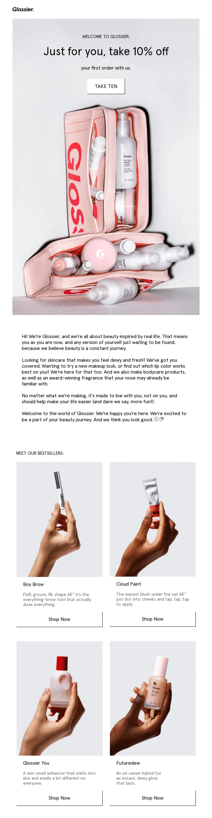 Willkommens-E-Mail von Glossier mit 10% Rabatt auf die erste Bestellung