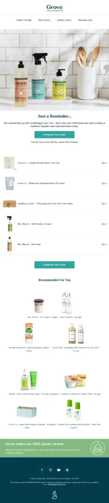 Erinnerungs-E-Mail von Grove Collaborative mit den Produkten aus dem verlassenen Warenkorb und dem Bereich „Recommended For You“