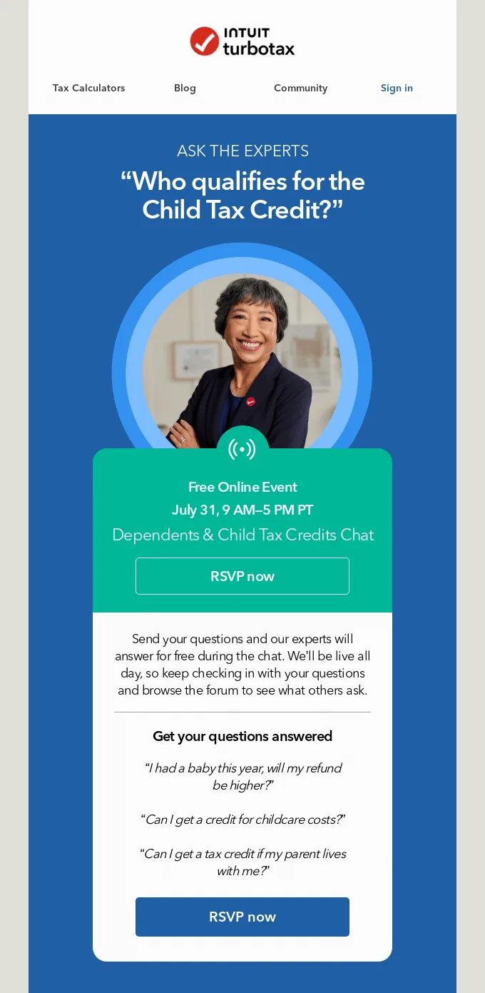 Webinar-E-Mail von TurboTax mit dem Bereich „Get your questions answered“.