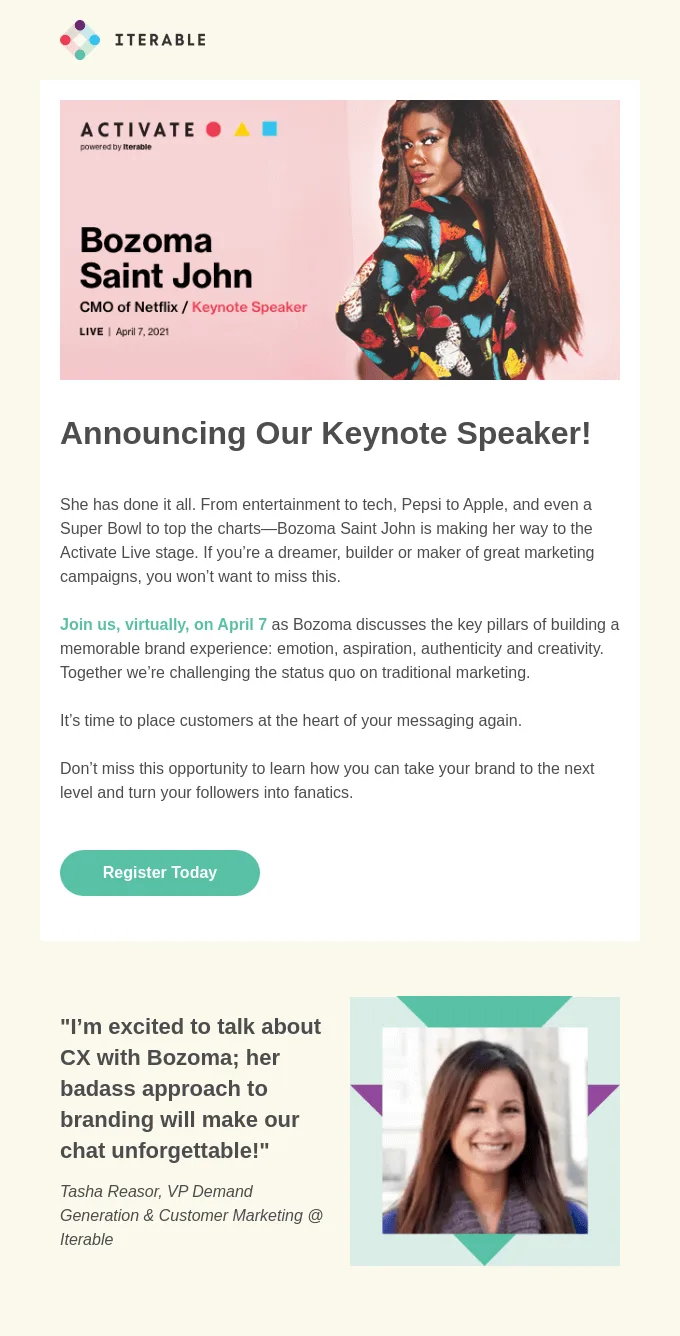 Webinar-E-Mail von Iterable mit einem Kommentar über den Gastreferenten.