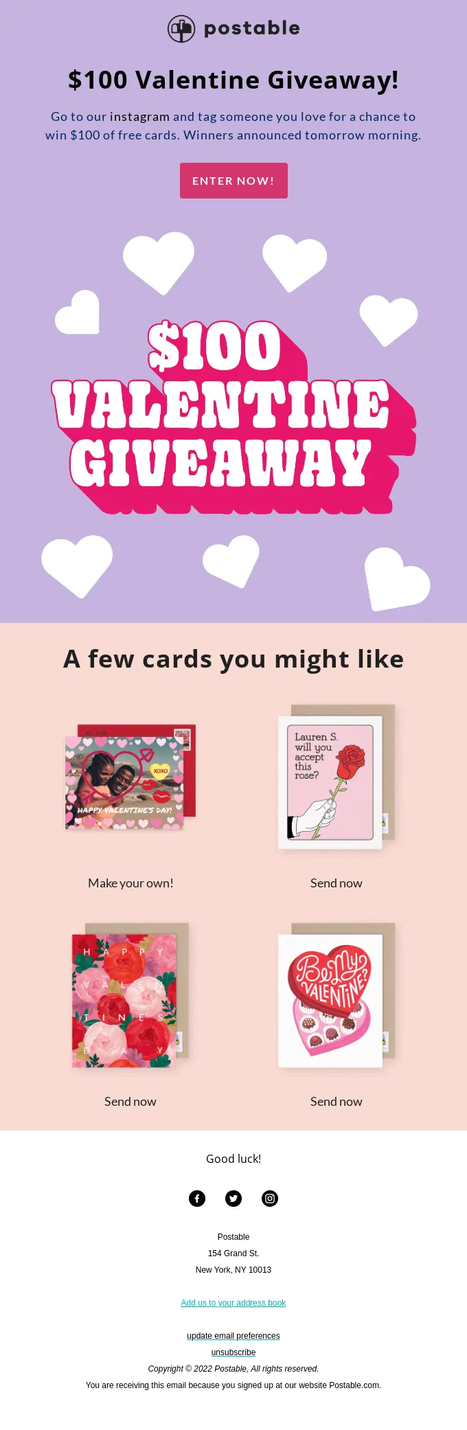 E-Mail von Postable zum Valentinstag mit einem Gewinnspiel um eine Valentinskarte im Wert von $100.