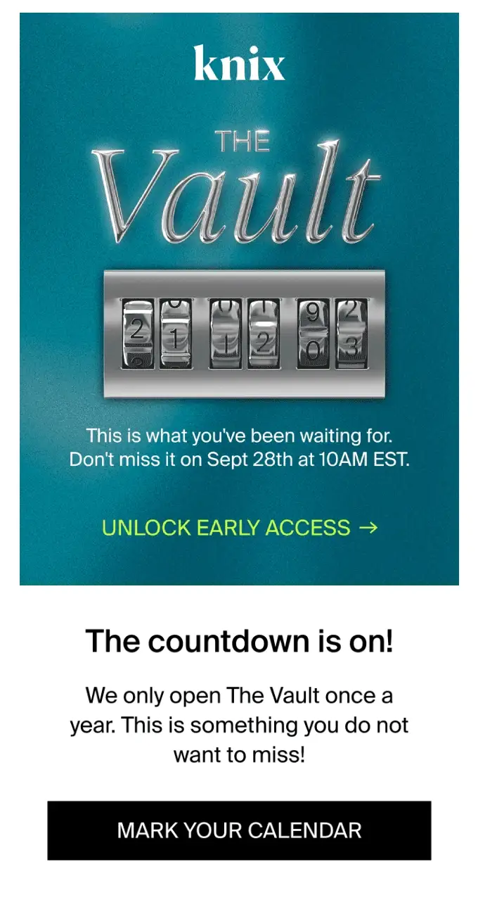 Beispiel einer dringlichen E-Mail von Knix mit einem Countdown-Timer in Form eines Zahlenschlosses