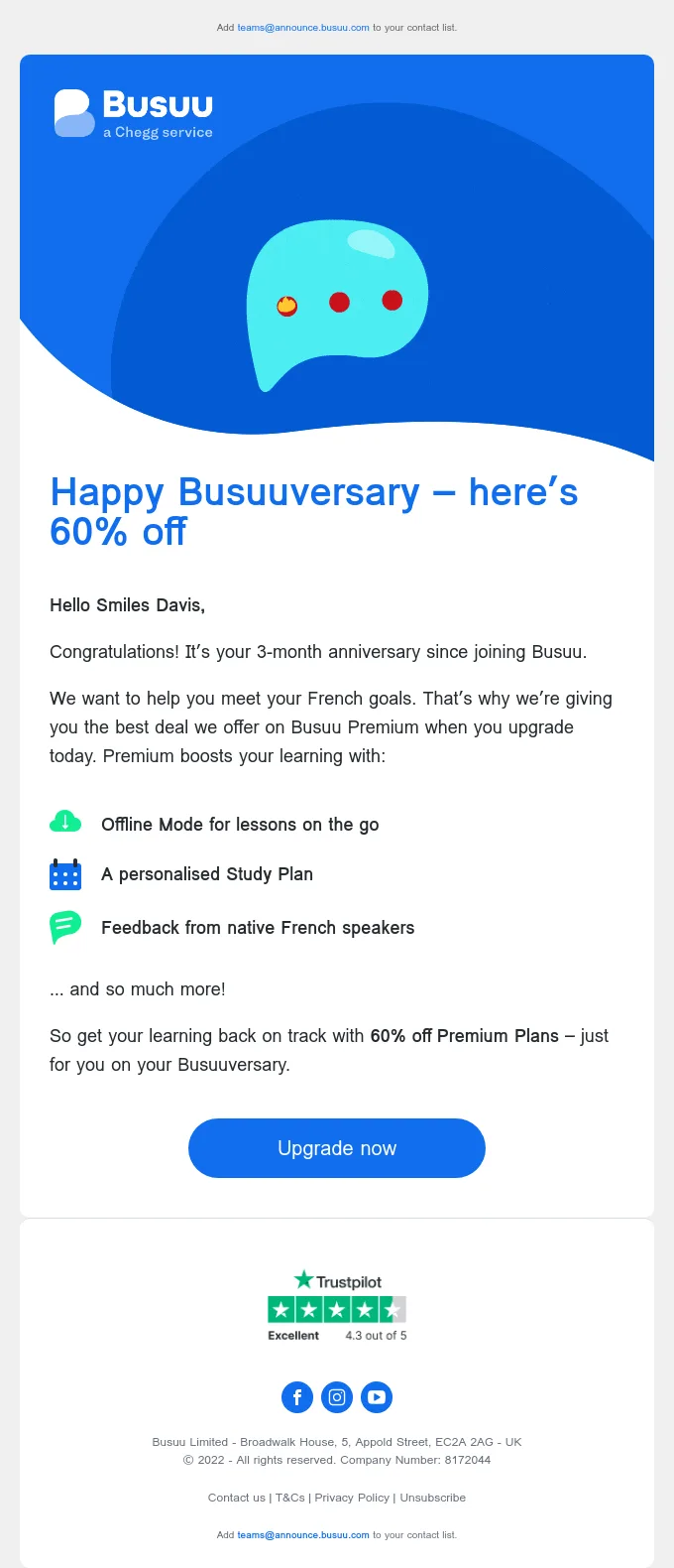 Retention-E-Mail von Busuu, die dem Leser zum „Busuuversary“ gratuliert und einen Rabatt anbietet