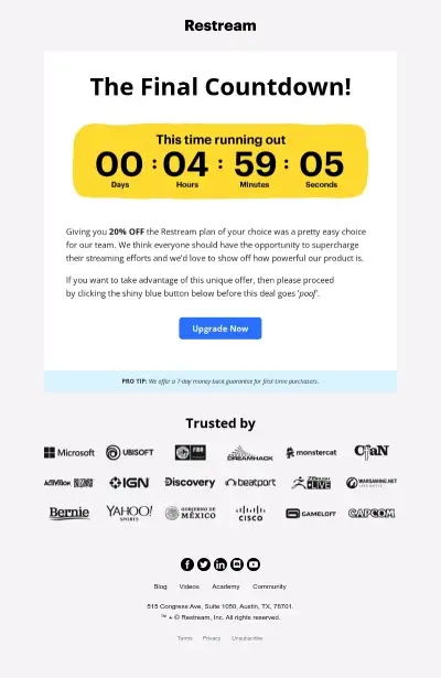 Animated email by Restream that includes a countdown timer for a discount offer.