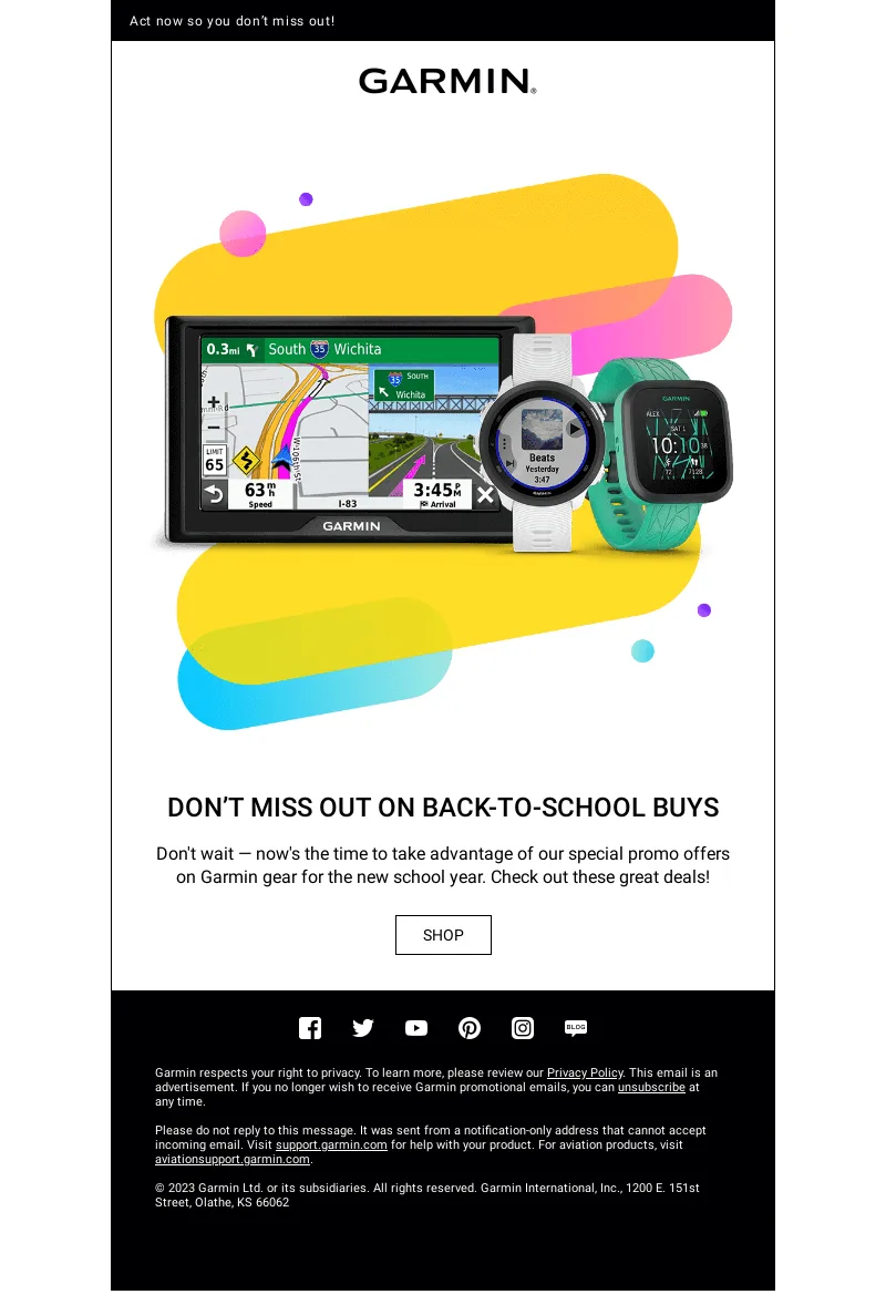 Back-to-school email by Garmin that urges the recipient to make the purchase fast