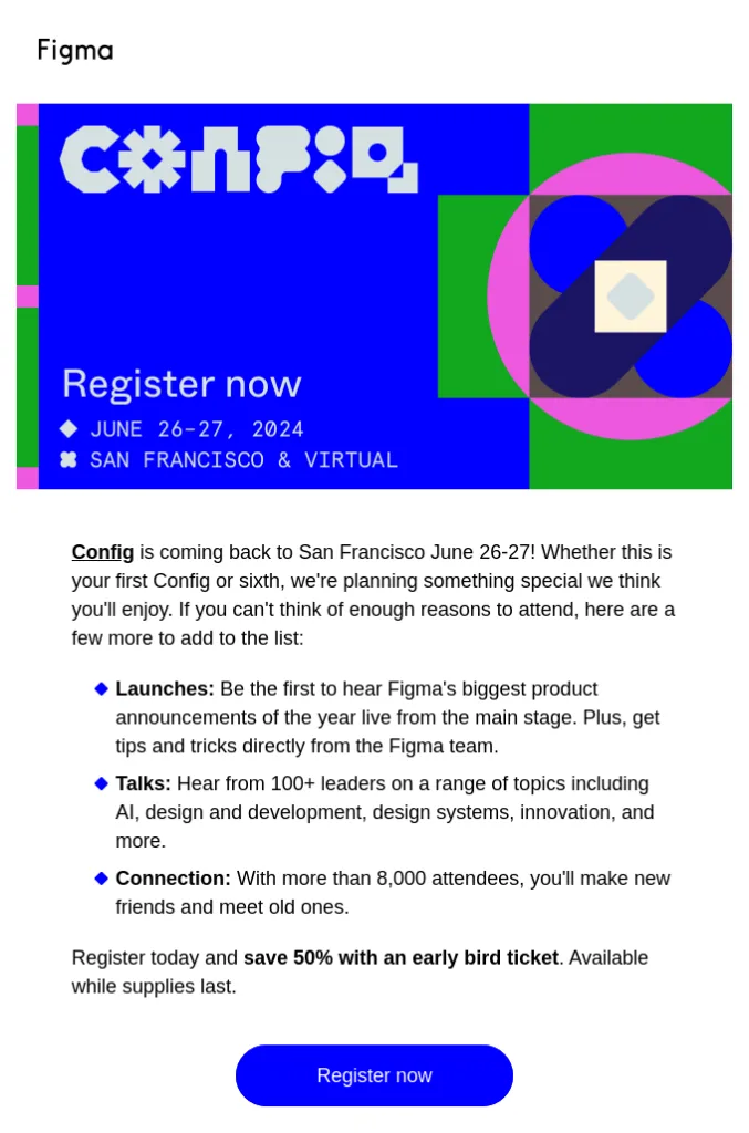 Ankündigung von Early-Bird-Tickets in einer dringlichen E-Mail von Figma