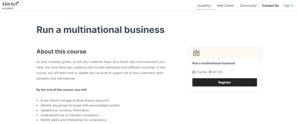 Página del curso avanzado «Run a multinational business» en Klaviyo Academy