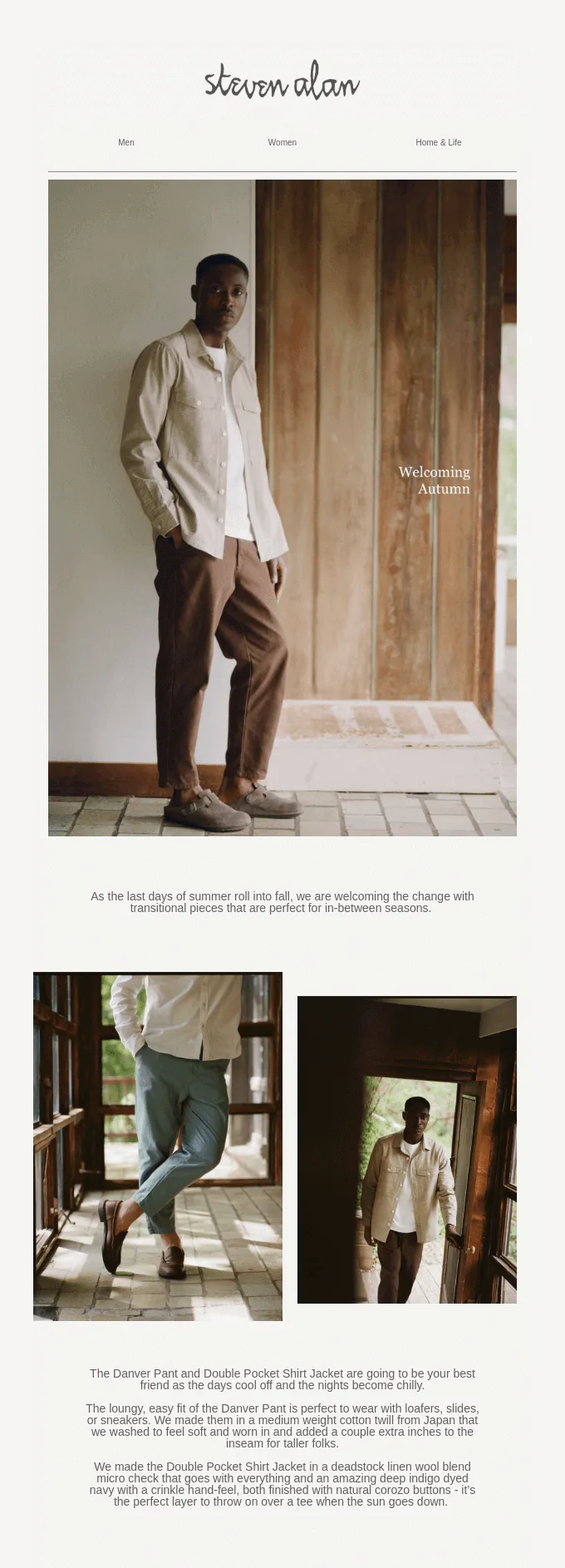 Email autunnale di Steven Alan che presenta una linea di abbigliamento di mezza stagione.