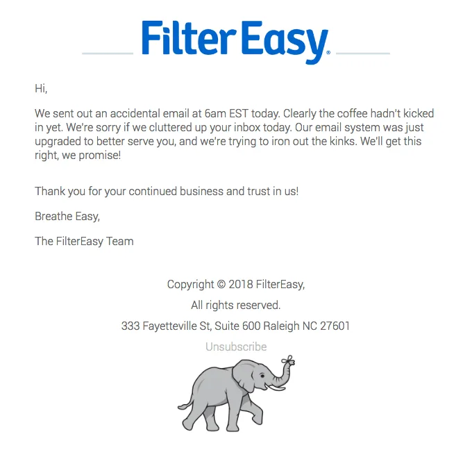 Apology email by FilterEasy with a joke in the subject line and overall humorous tone