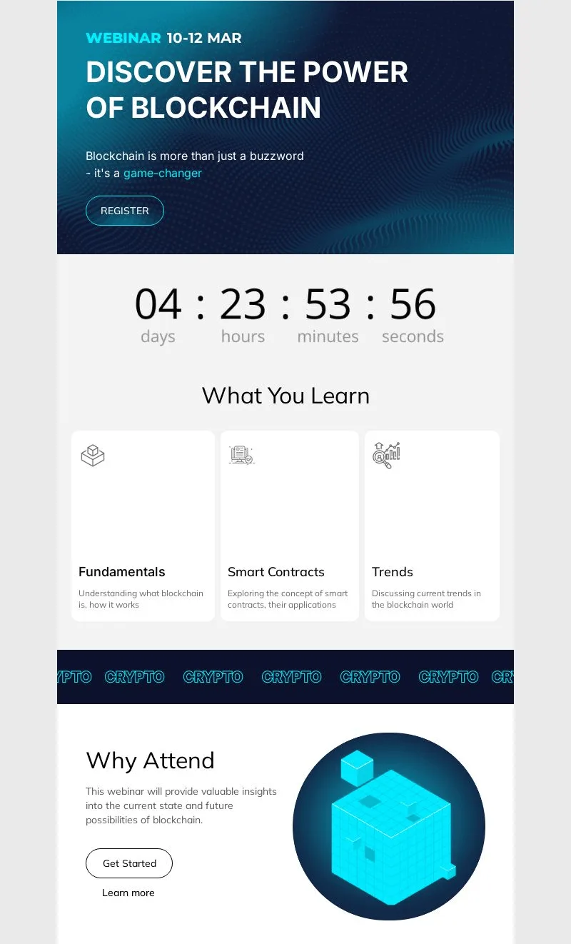Mit Blocks erstellte E-Mail-Vorlage zur Ankündigung eines Webinars mit Countdown-Timer.