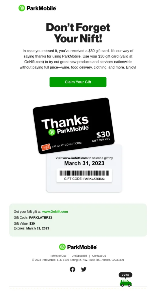Erinnerungs-E-Mail von Park Mobile mit dem Bild einer Geschenkkarte und dem Call-to-Action „Claim Your Gift“
