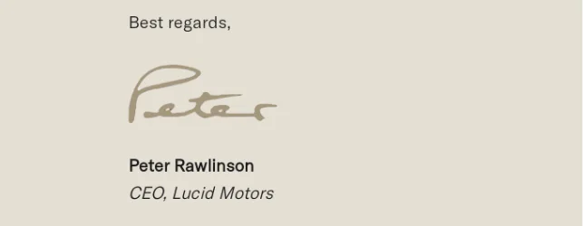 Signature de PDG dans un e-mail de Lucid Motors