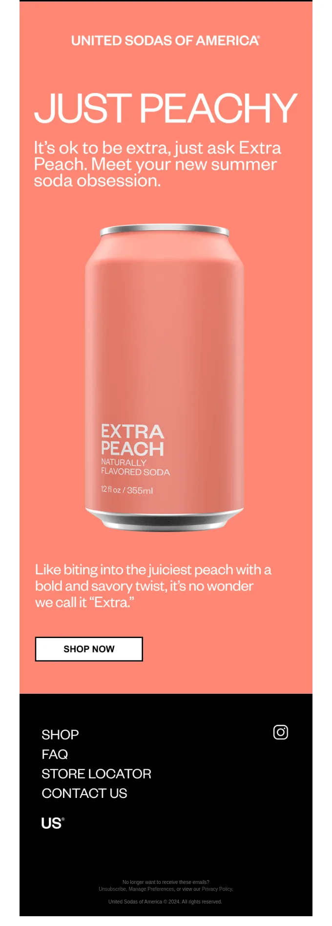 E-mail da United Sodas of America que usa as gírias “extra” e “peachy” para descrever a nova bebida