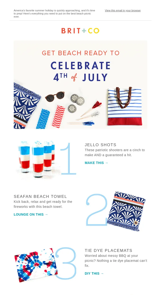 Sommer-Newsletter von Brit + Co, der Sommerthemen mit dem 4. Juli verbindet.