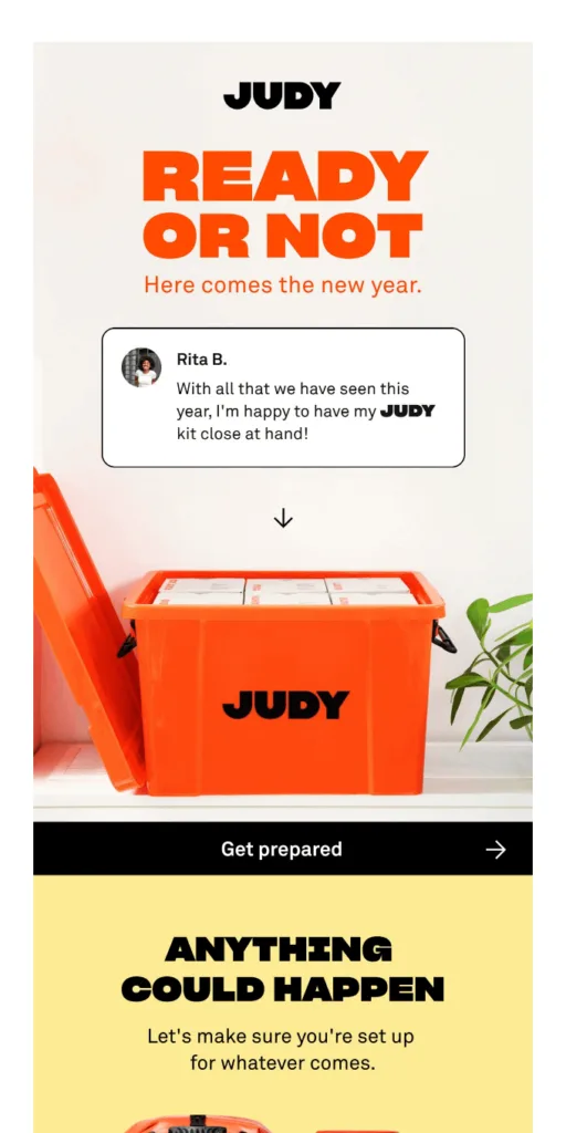 Christmas email with a customer review and a heading: ready or not, here comes the new year