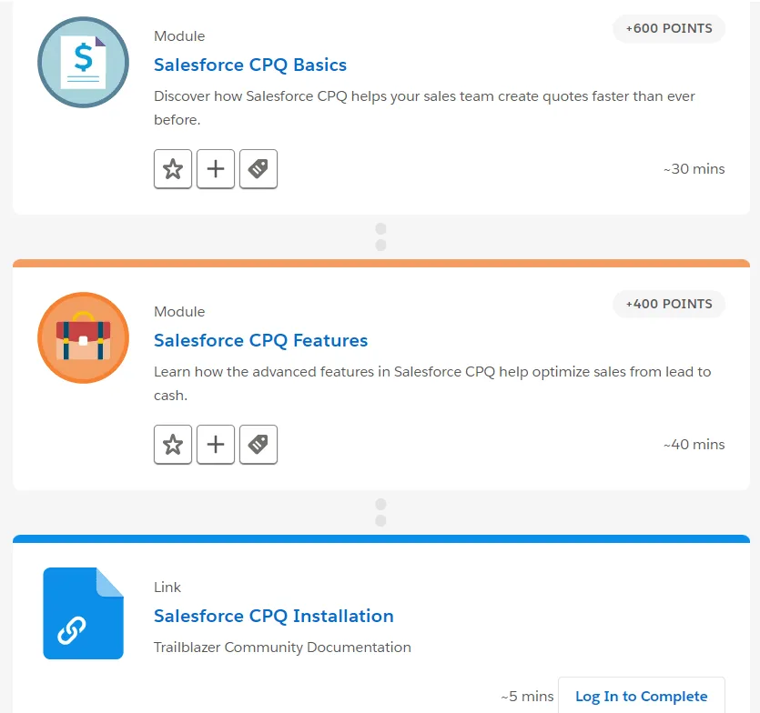 Beispiel für Trailmix-Materialien zur Salesforce-CPQ-Zertifizierung