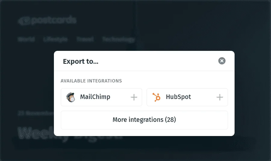 Designmodo Postcards export window with Mailchimp and HubSpot integrations