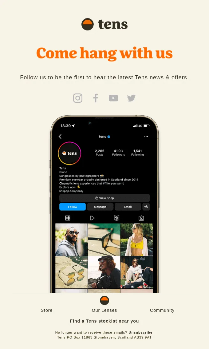 Retention-E-Mail von Tens mit der Einladung, der Marke auf Instagram zu folgen