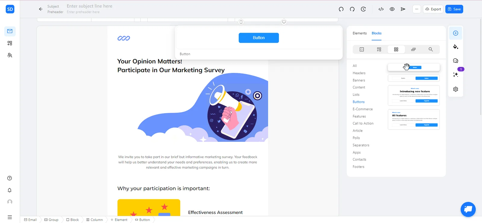 how to add a button to an email survey with Blocks