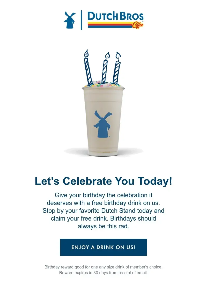 Geburtstags-E-Mail von Dutch Bros, die dem Empfänger ein Gratisgetränk zum Geburtstag schenkt.