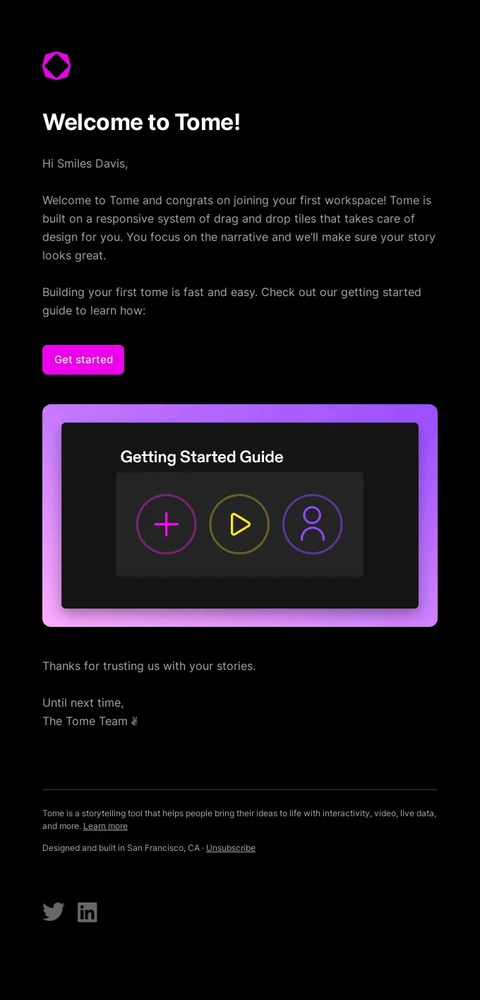 Willkommens-E-Mail von Tome mit dem „Getting Started Guide“
