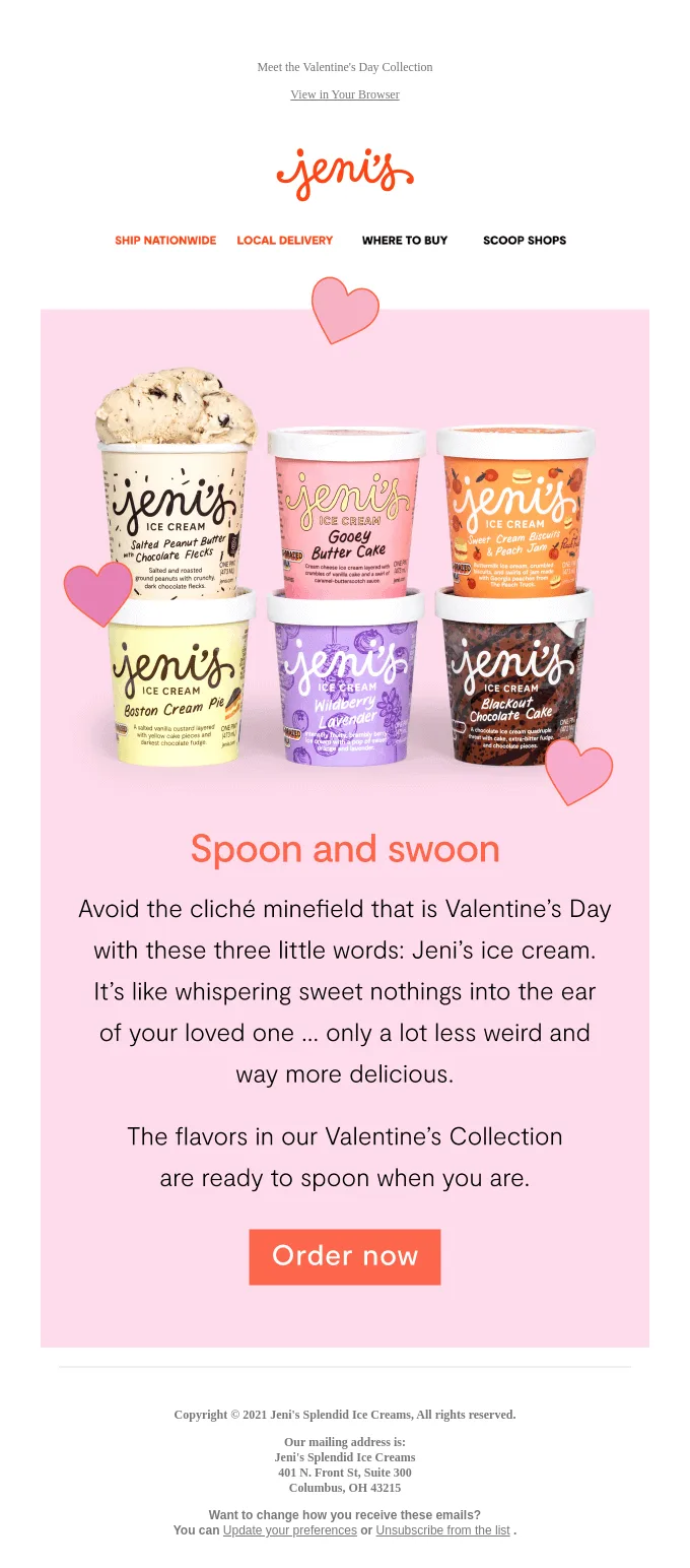 E-Mail von Jeni's zum Valentinstag mit besonderen Produkten zum Feiertag.