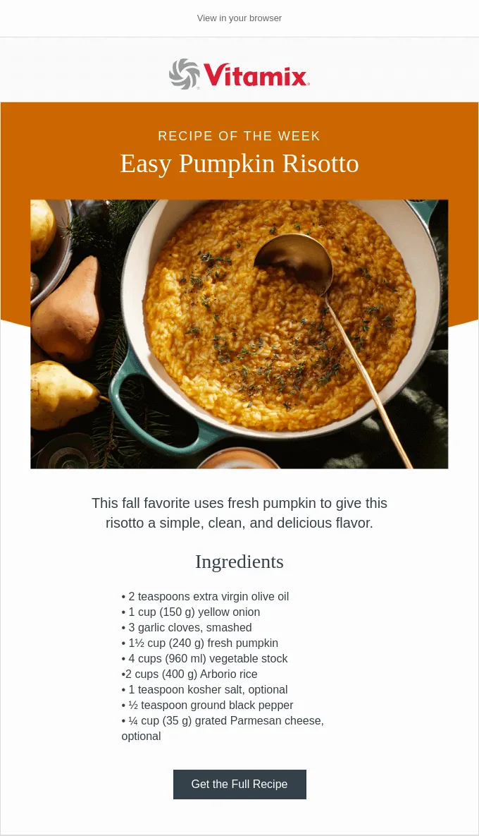 Plantilla de email de Acción de Gracias de Vitamix con una receta de risotto de calabaza