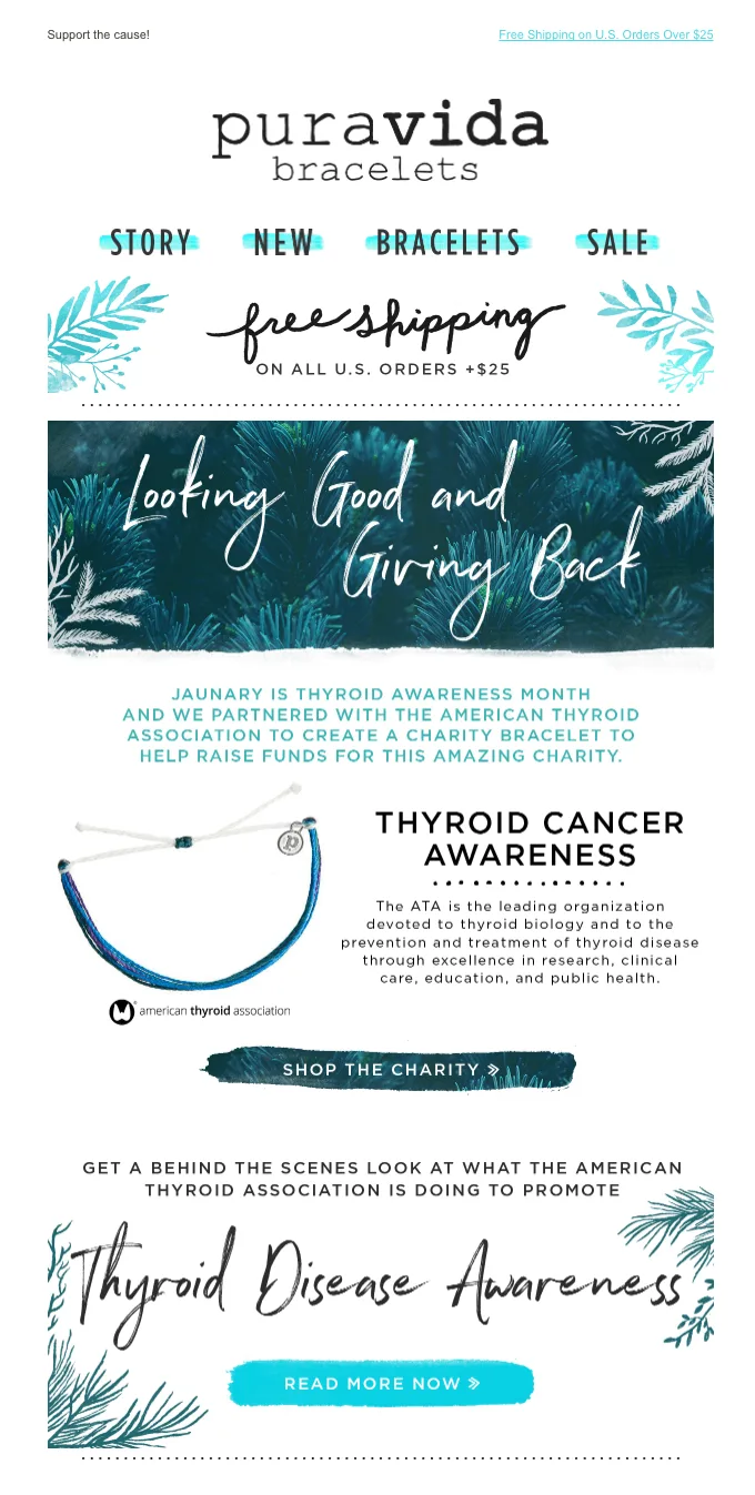 Email de recaudación de fondos de Pura Vida Bracelets que promociona una pulsera solidaria