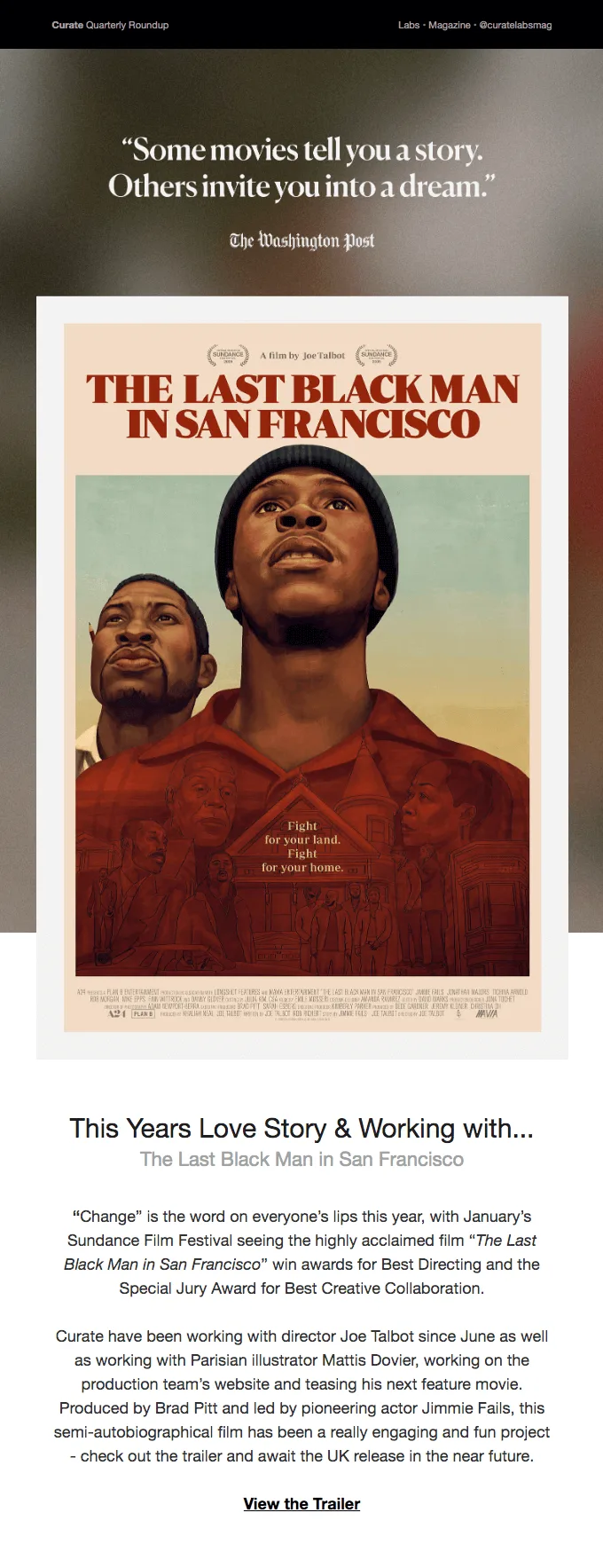 Email by Curate Labs & Magazine that features a movie announcement and a song reference in the summer subject line.