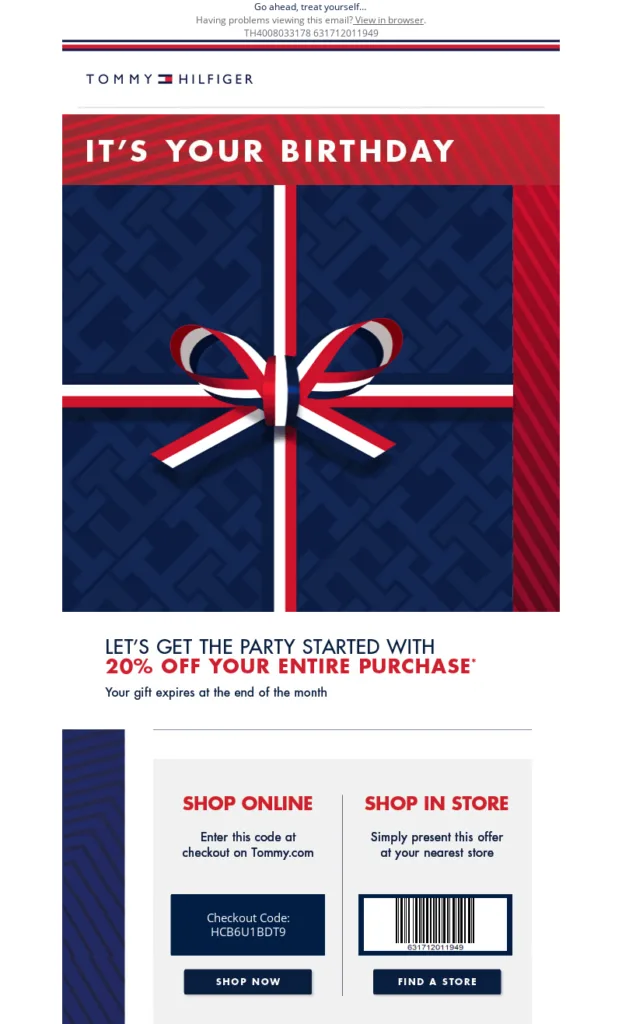 Geburtstags-E-Mail von Tommy Hilfiger mit personalisierter Betreffzeile und exklusiven Rabattcodes.
