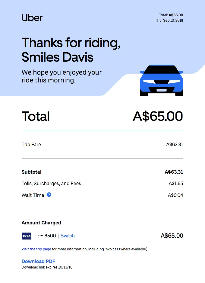 Beispiel für eine Bestätigungs-E-Mail von Uber, die sich beim Kunden für die Taxifahrt bedankt.