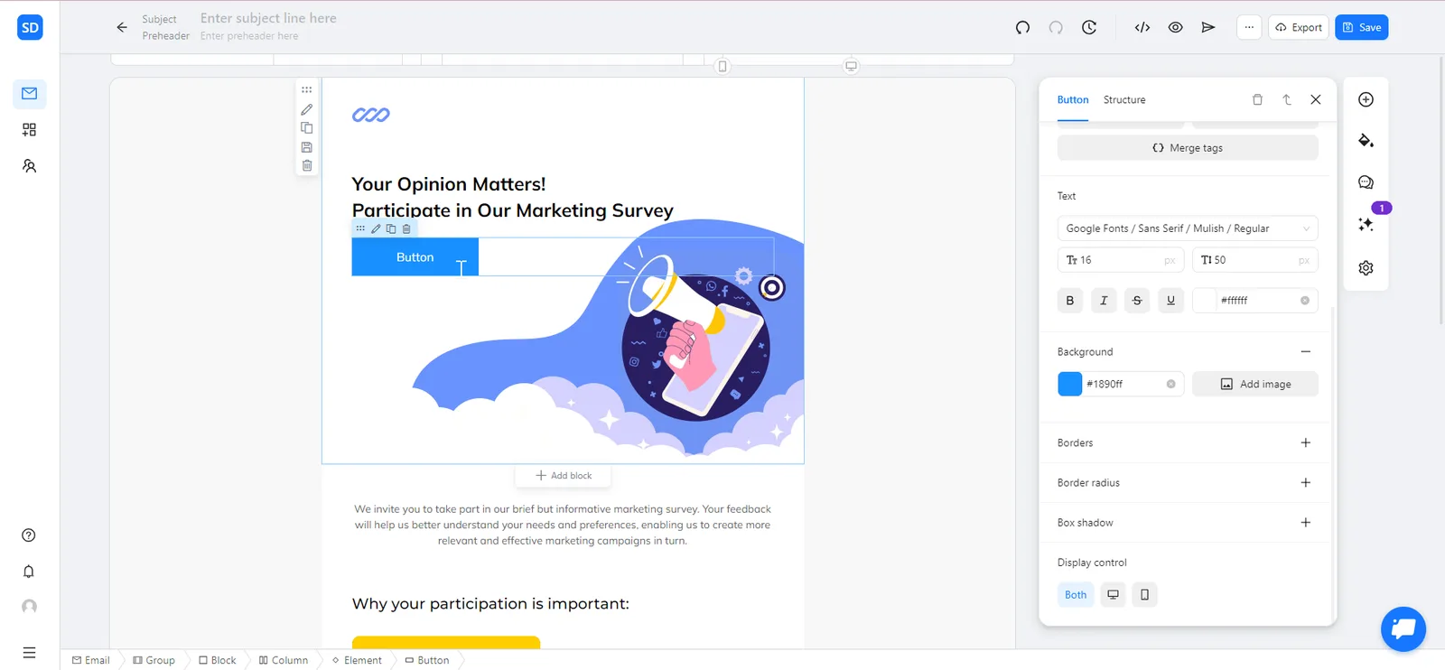 Adding a button to a survey email template with Blocks