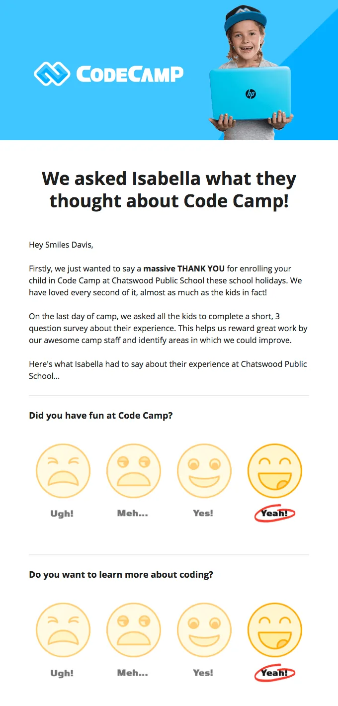 Survey email with children's feedback about the camp by Code Camp