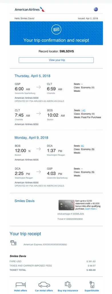 Beispiel für eine Buchungsbestätigung von American Airlines mit Flugdaten und Reisebeleg.