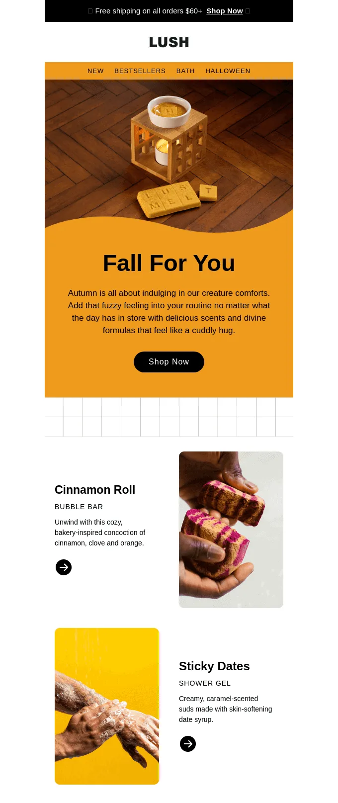 Email autunnale di Lush con una linea di accessori per il bagno ispirata alla stagione.