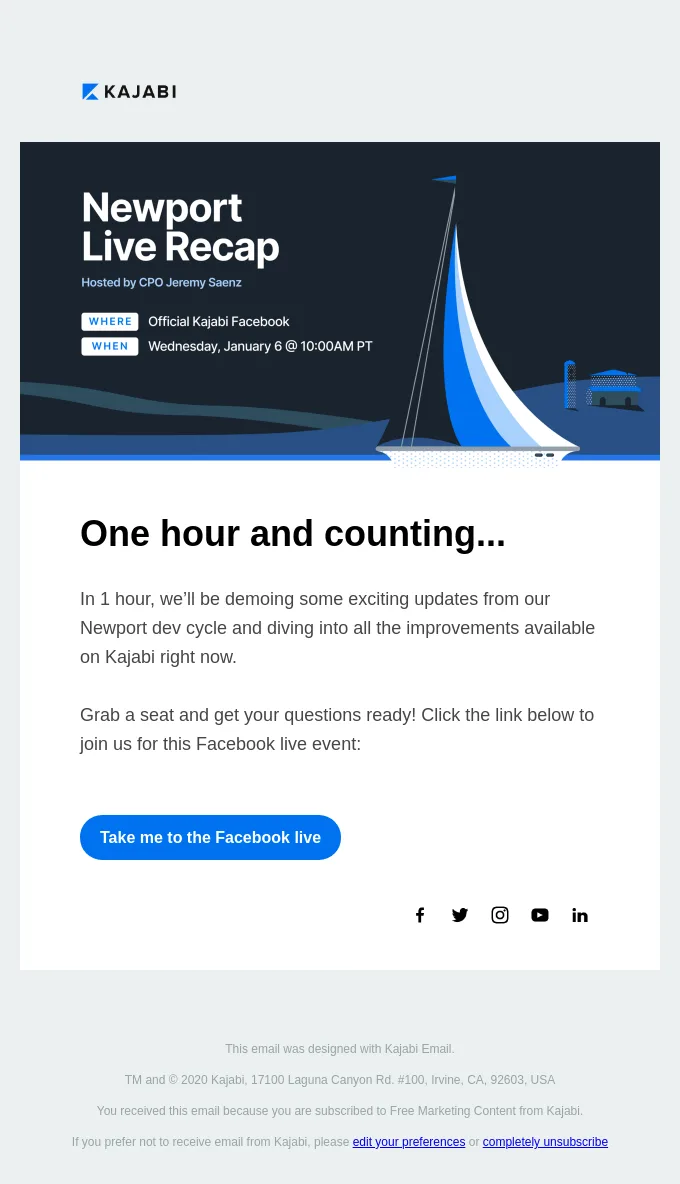 E-Mail von Kajabi, die daran erinnert, dass die Veranstaltung in 1 Stunde live geht.