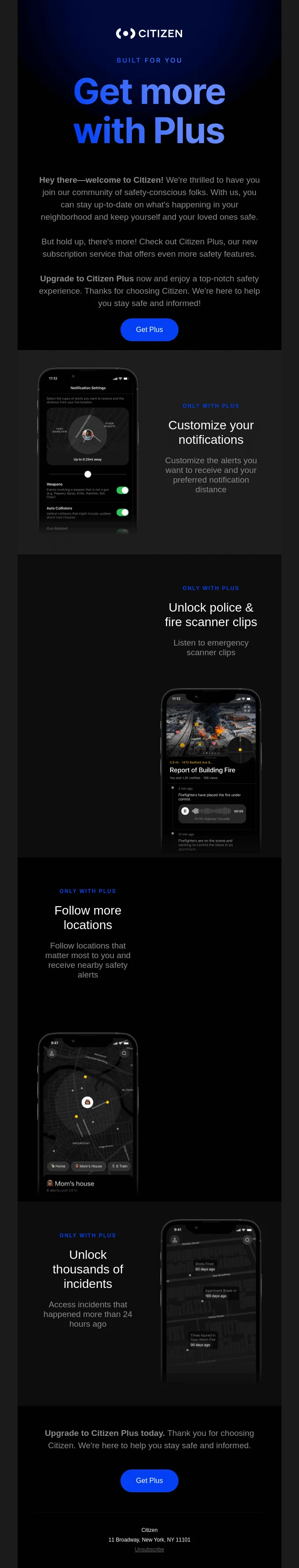 Upsell email appealing to the feeling of safety by Citizen