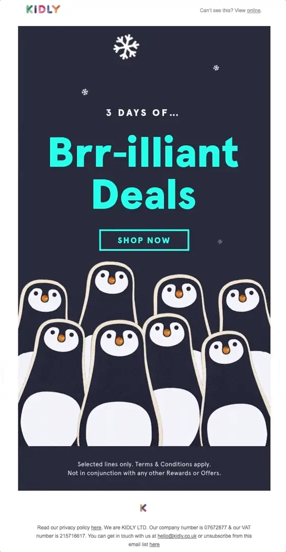 Christmas email idea: a GIF with dancing penguins and snowflakes