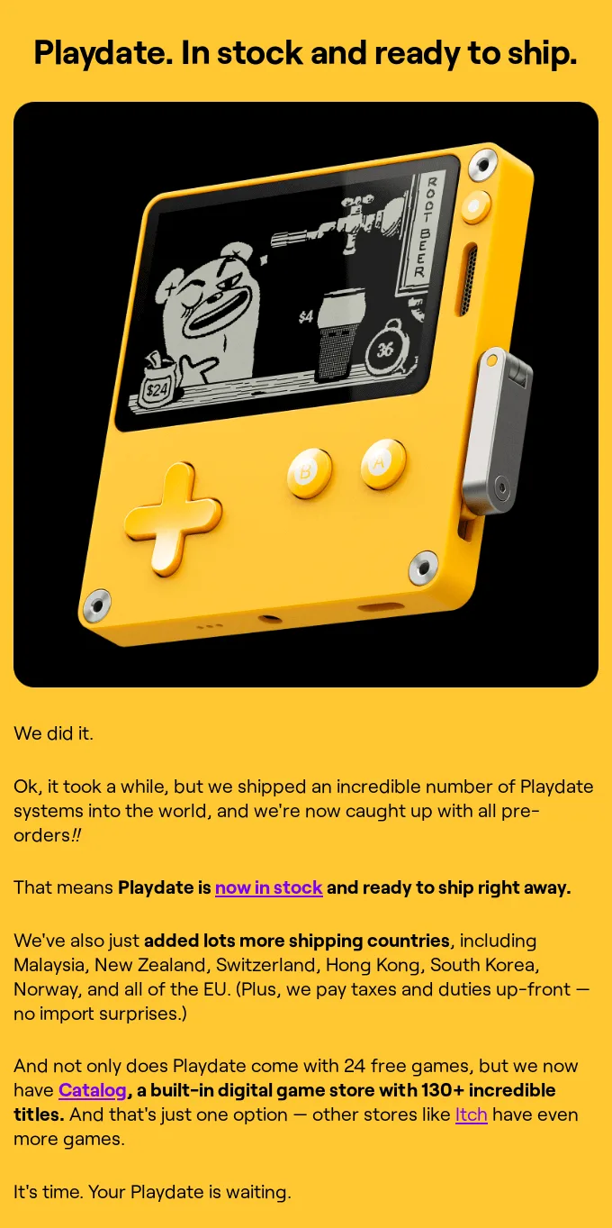 E-Mail von Playdate mit gelungener Textformatierung