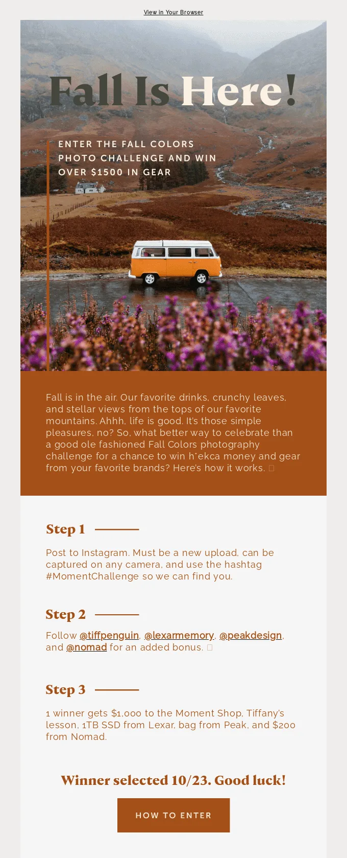 Email autunnale di Moment che annuncia un concorso fotografico su Instagram e la possibilità di vincere diversi premi.