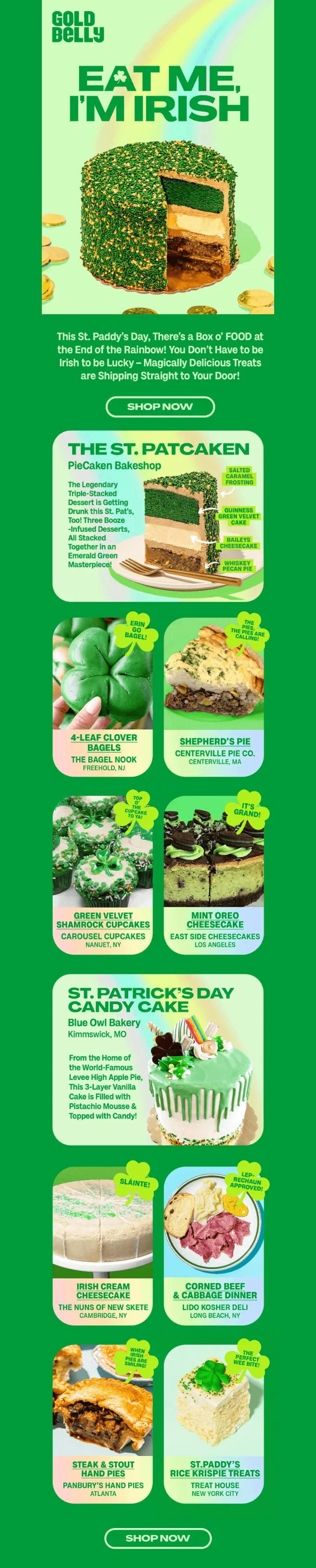 E-mail da Goldbelly para o Dia de São Patrício, com design e produtos temáticos.