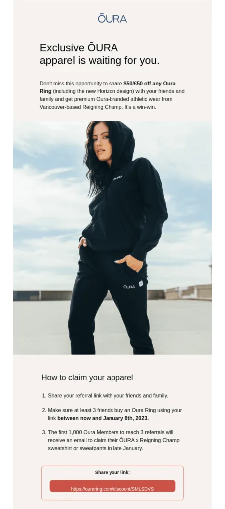 Referral program email template by Oura