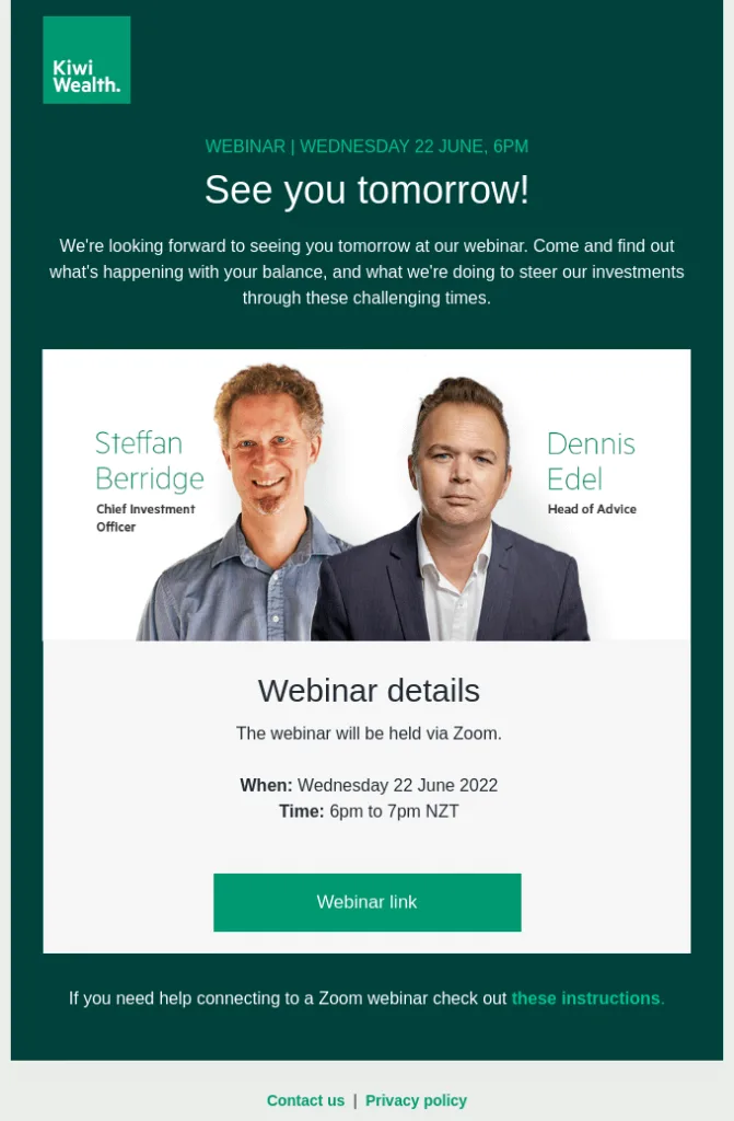 Erinnerungs-E-Mail von Kiwi Wealth mit Informationen zum bevorstehenden Webinar