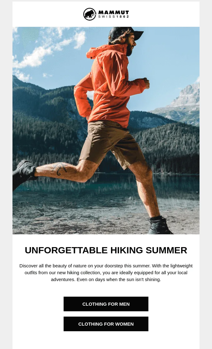 Sommer-Newsletter von Mammut, der eine Wanderbekleidungskollektion vorstellt.