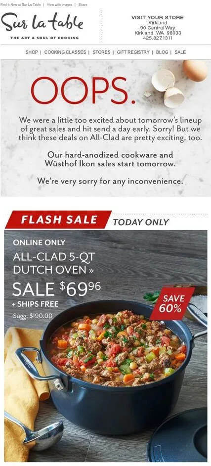 Oops email by Sur La Table that showcases the additional block with apologies