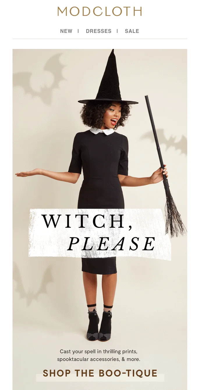 Newsletter di Halloween di ModCloth con giochi di parole a tema nel testo e nella CTA