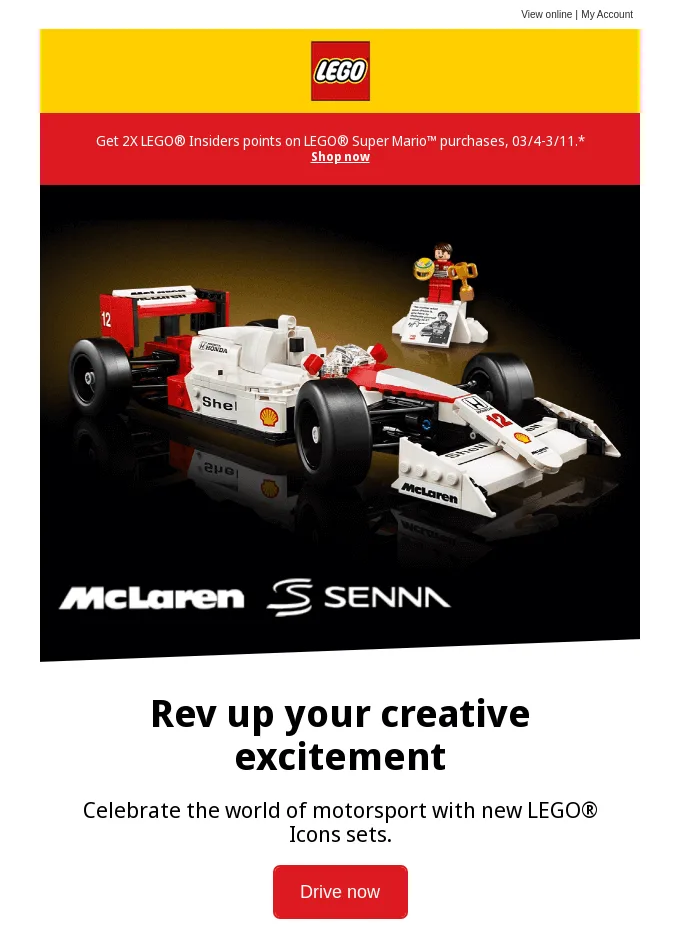 E-Mail von Lego im Formel-1-Stil mit einem von Ayrton Senna inspirierten Set im Banner