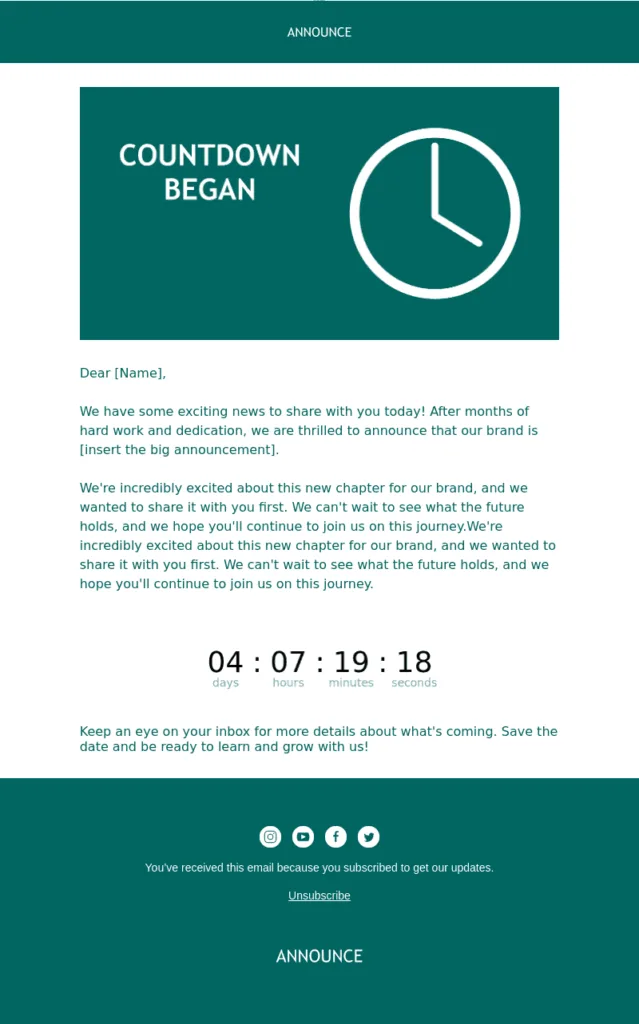 Beispiel einer Ankündigungs-E-Mail-Vorlage von Blocks mit Countdown-Timer