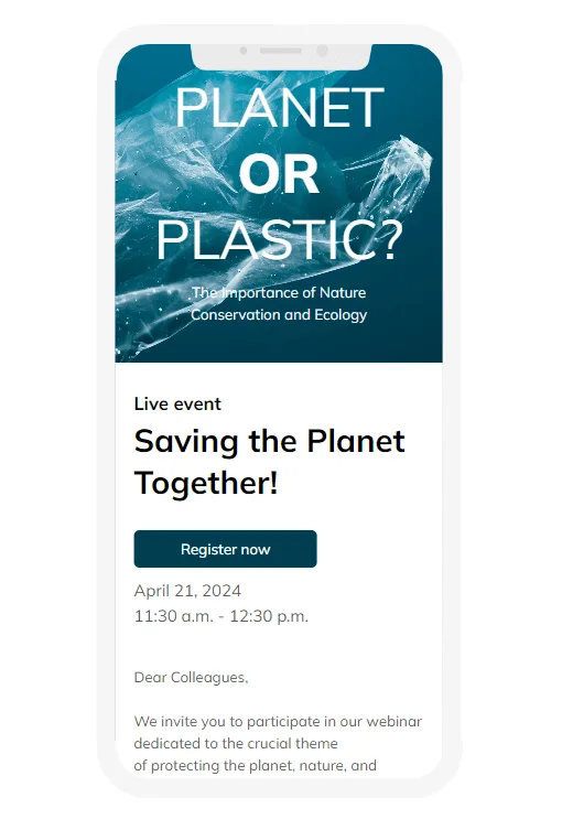 Mobile Version der mit Blocks erstellten E-Mail-Vorlage für ein Webinar zum Earth Day