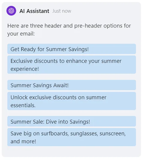 3 summer email subject lines generated by AI in Blocks
